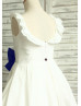 Ivory Cotton Simple Flower Girl Dress With Navy Blue Bow 